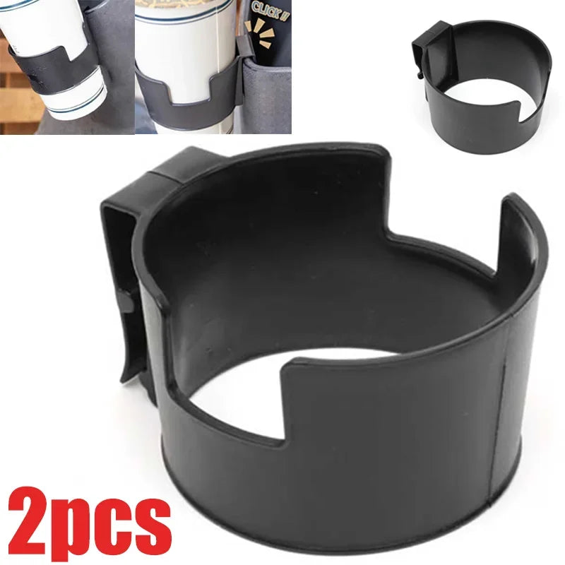 Two black portable vehicle drink holders shown in different angles