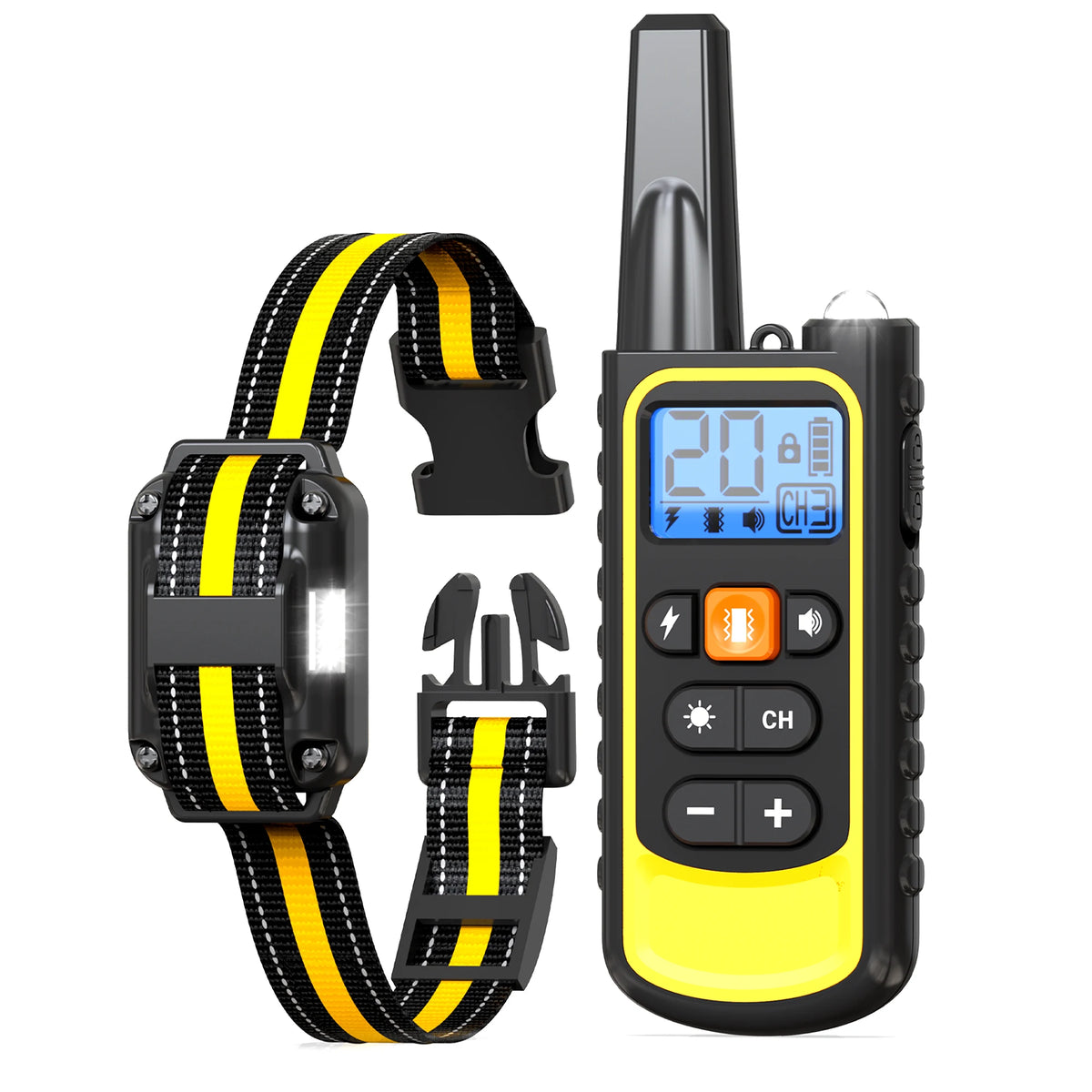 Schwarzer und gelber Fernsteuer-Elektrohundetrainer und dazugehörige Leine.