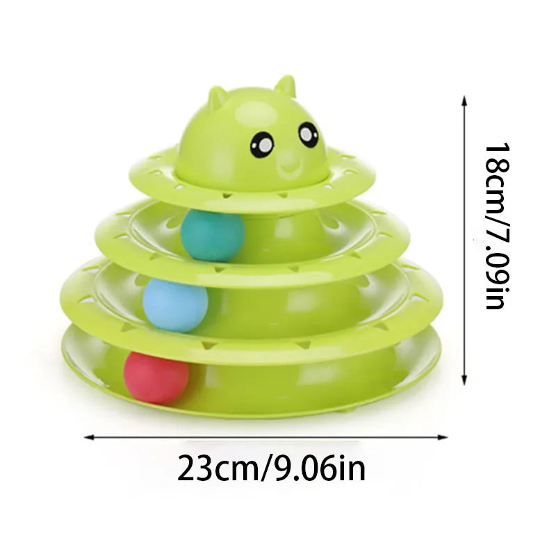 A green 3-layer cat turntable toy with balls and a scratching board.
