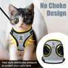 A close-up of a cat wearing a vest-style pet harness with a yellow accent, demonstrating its design for pressure distribution