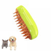 A bright lime green pet grooming brush with orange bristles is shown next to a gray cat and a light-colored dog.