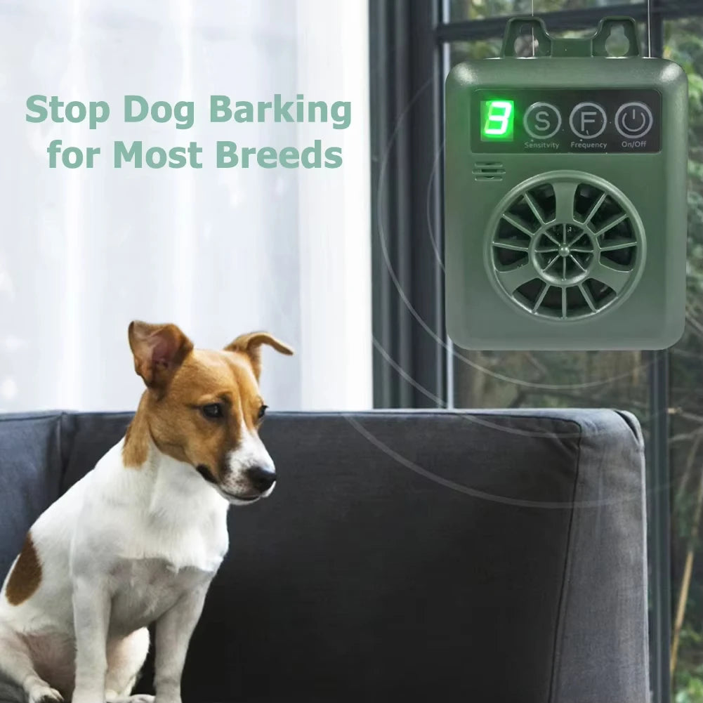A green ultrasonic anti-barking device is shown hanging on a window, with a dog sitting nearby.