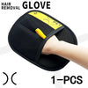 A black silicone glove designed for pet hair removal is shown being used on a hand.