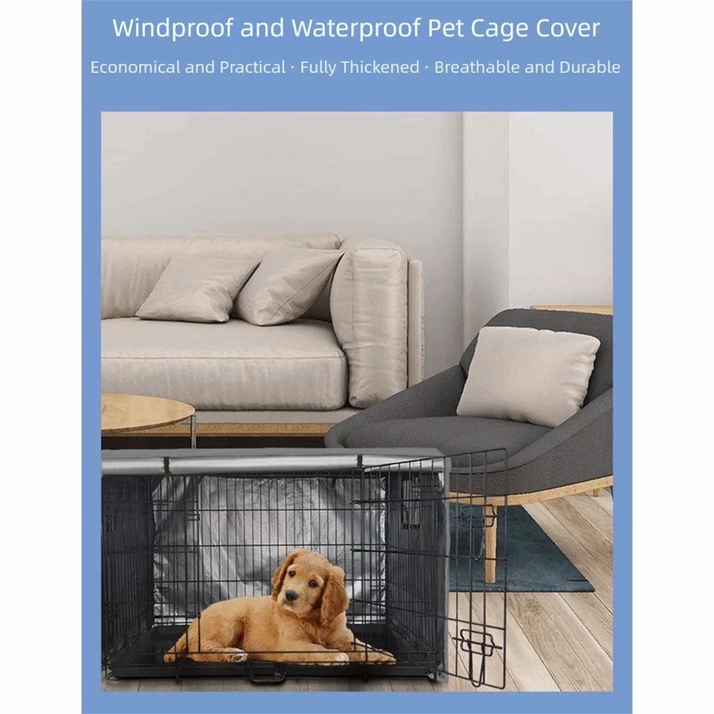 A golden dog is resting inside a black wire pet crate cover on a wooden floor.