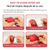 A four-step guide showing how to use and clean an interactive motion sensor cat ball toy.