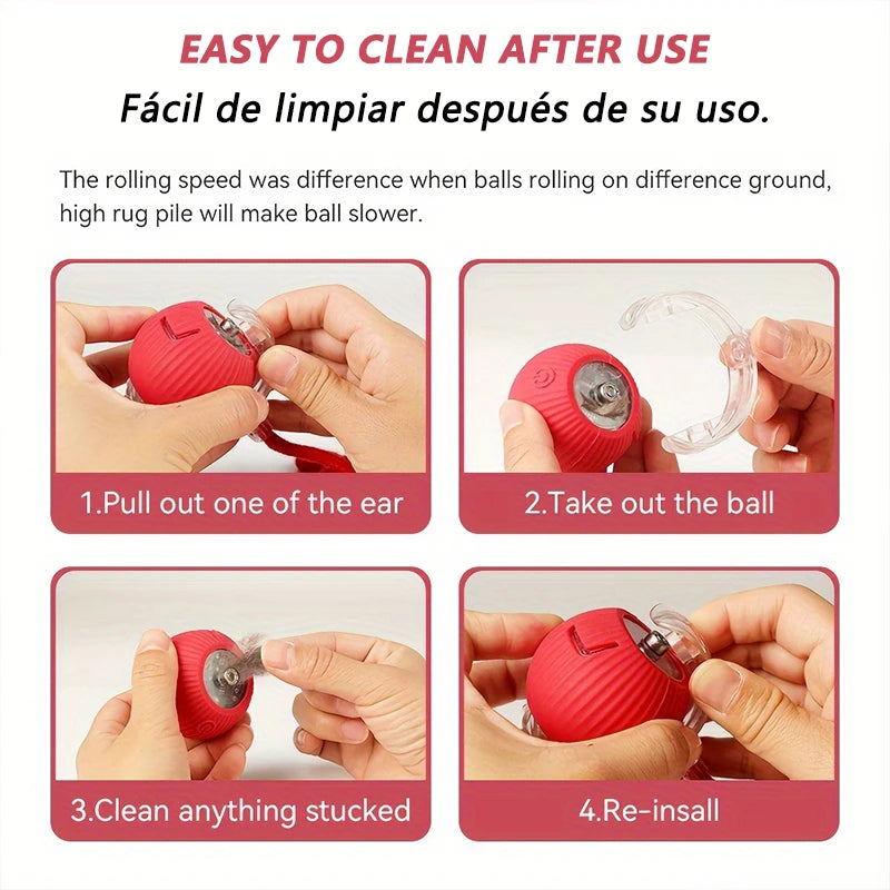 A four-step guide showing how to use and clean an interactive motion sensor cat ball toy.