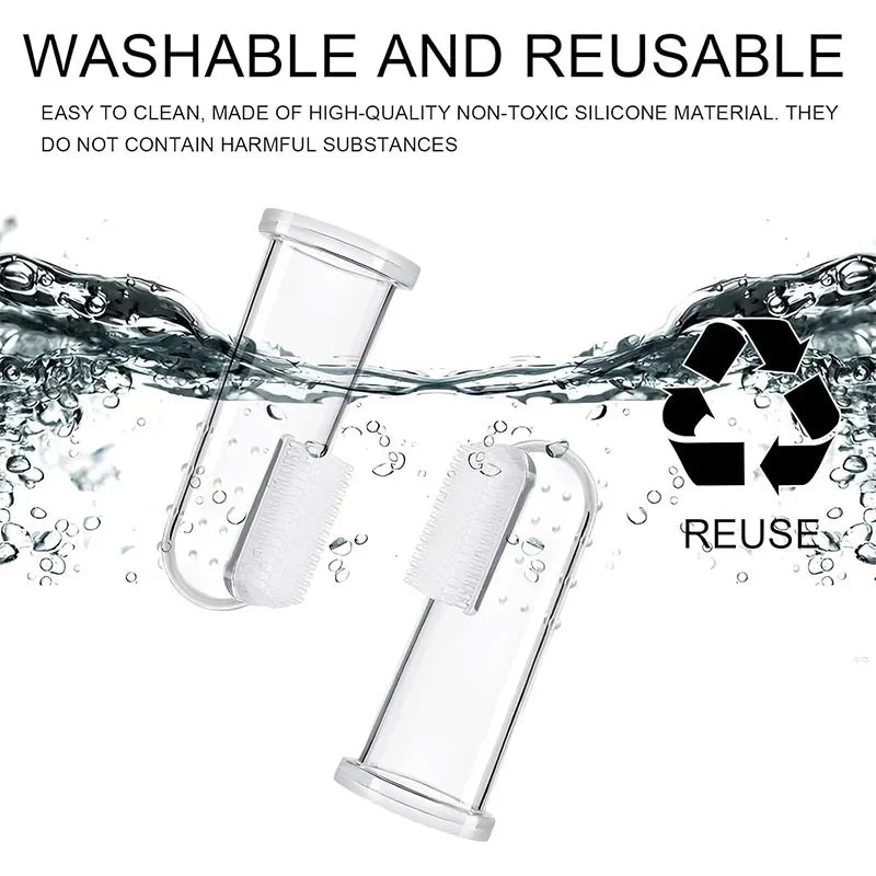 Clear silicone finger toothbrush for dogs and cats shown submerged in water.