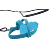 A teal parrot bird harness and leash set with a padded bird carrier
