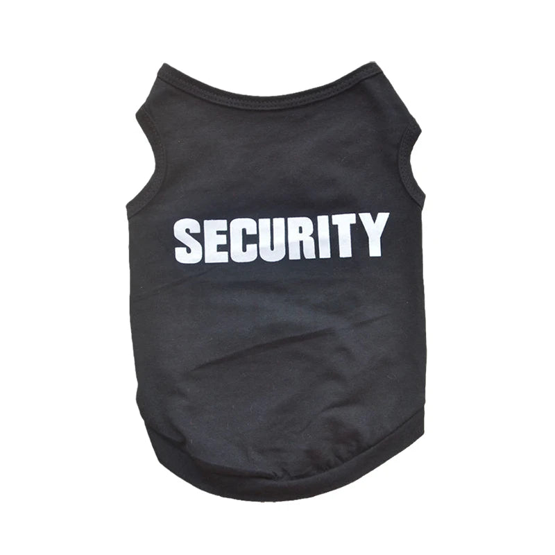 Chaleco de seguridad negro para mascotas con la palabra SECURITY impresa en el frente