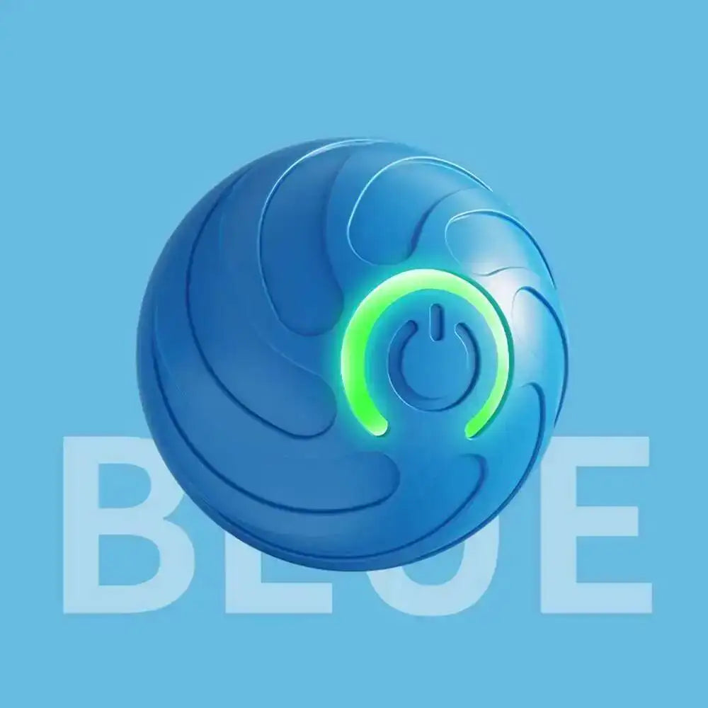Helles blaues, kugelförmiges interaktives Spielzeug für Haustiere mit einem leuchtend grünen Power-Symbol auf der Oberfläche.