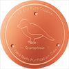 A round, copper-colored purification disk for a bird bath, marked with 99.9% pure copper and Qi propitious.
