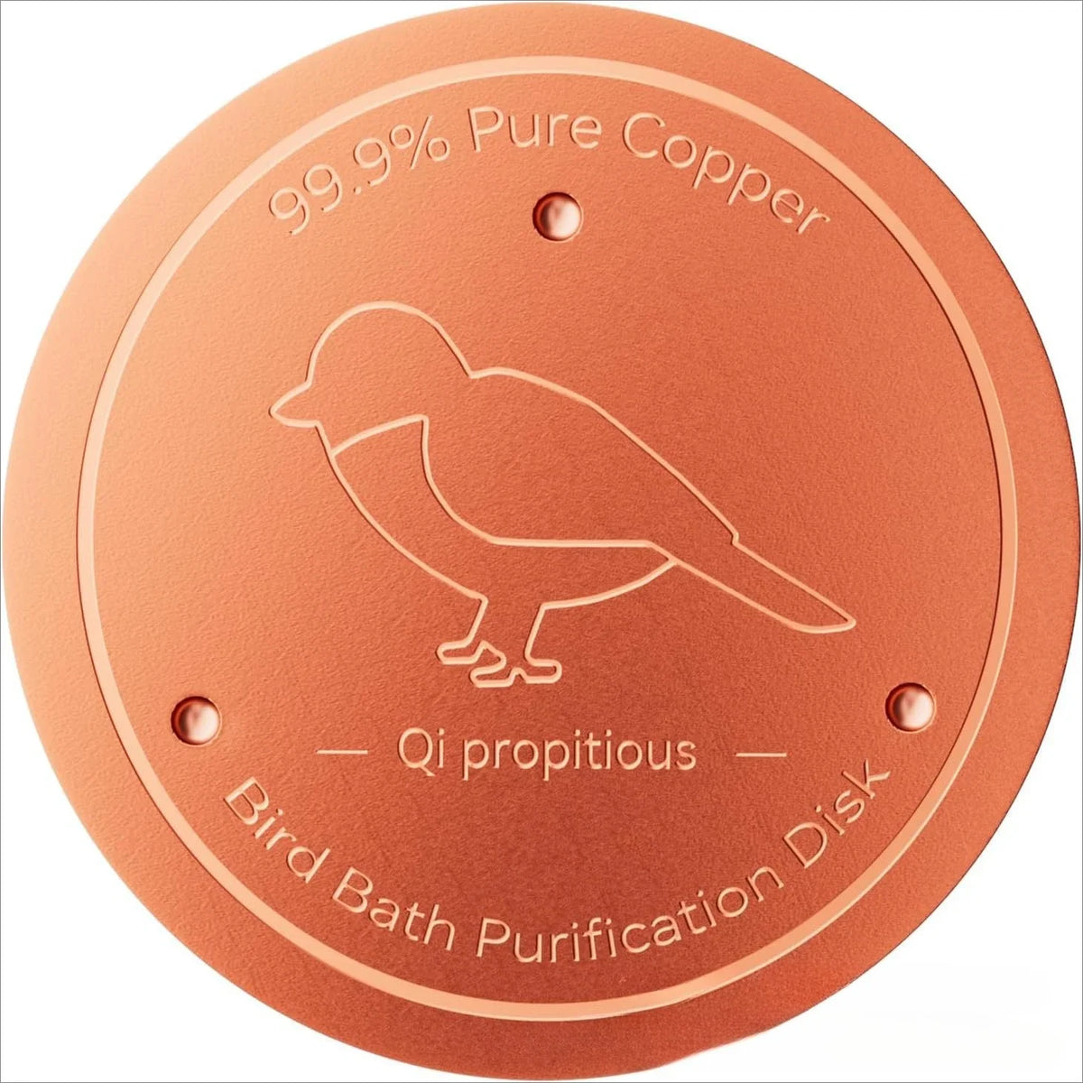 A round, copper-colored purification disk for a bird bath, marked with 99.9% pure copper and Qi propitious.