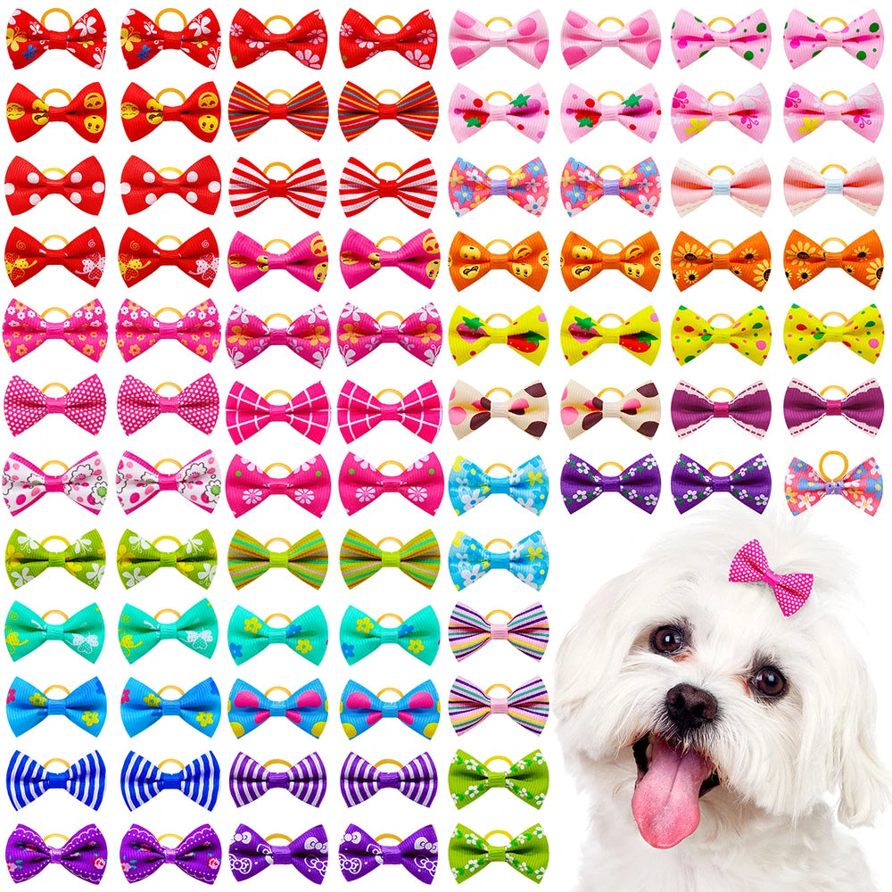 A collection of colorful pet hair bows featuring various patterns and colors tied with gentle rubber bands.