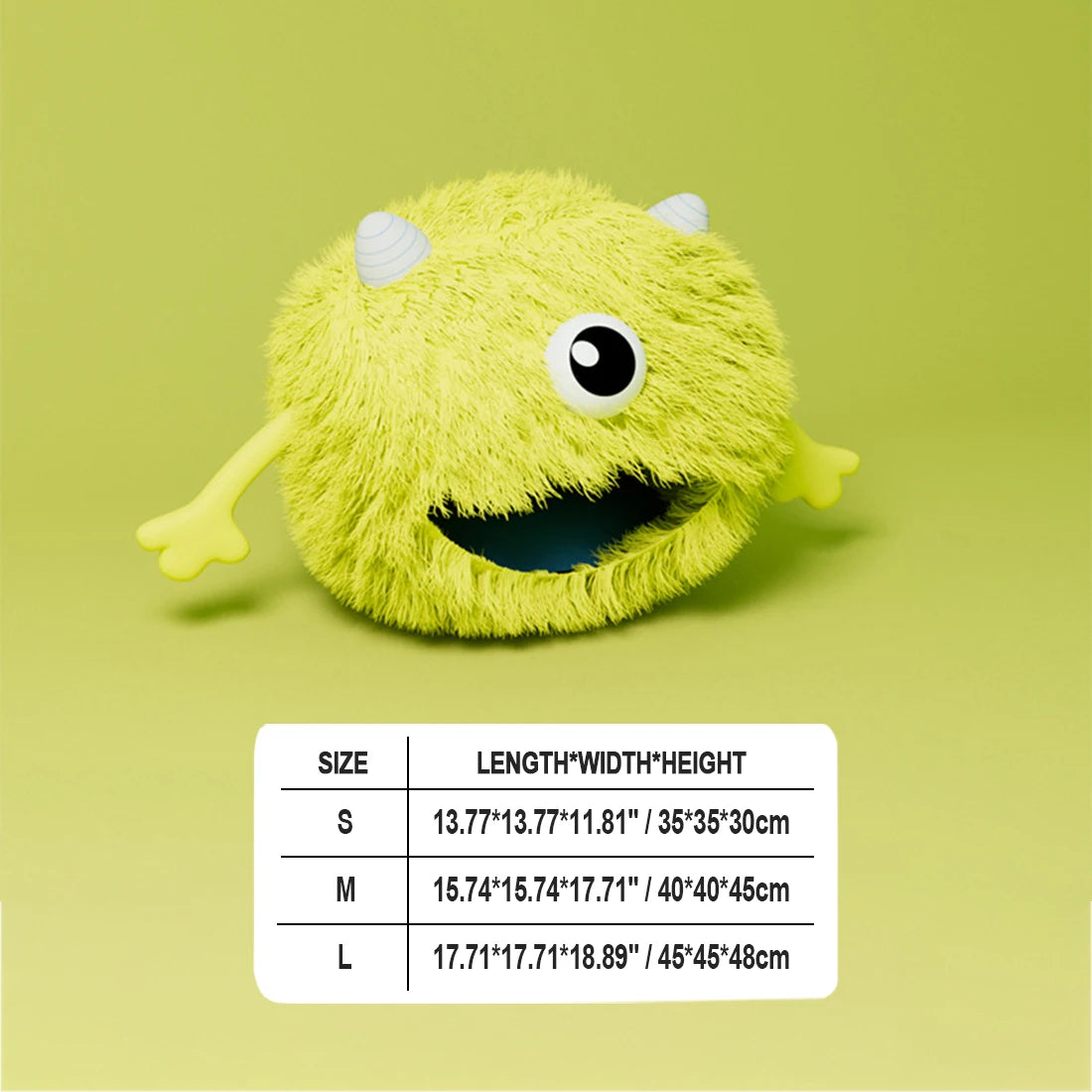 A bright yellow, fuzzy monster plush toy with large eyes and a wide smile.