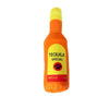 An orange bottle-shaped squeaky plush dog toy with a yellow cap and label.