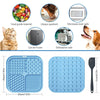 Blue silicone lick mat for dogs and cats featuring suction cups and various textures