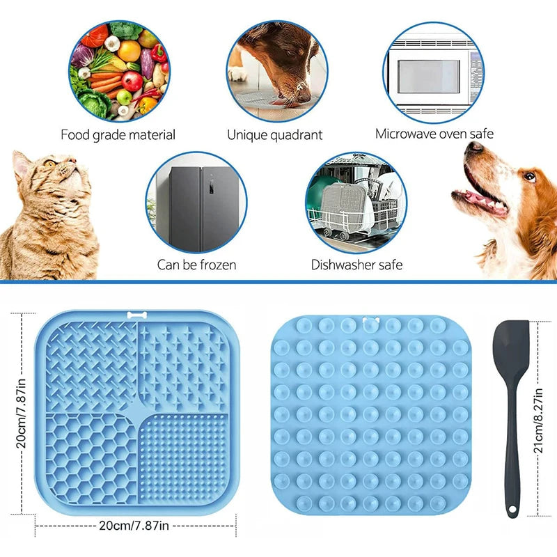 Blue silicone lick mat for dogs and cats featuring suction cups and various textures
