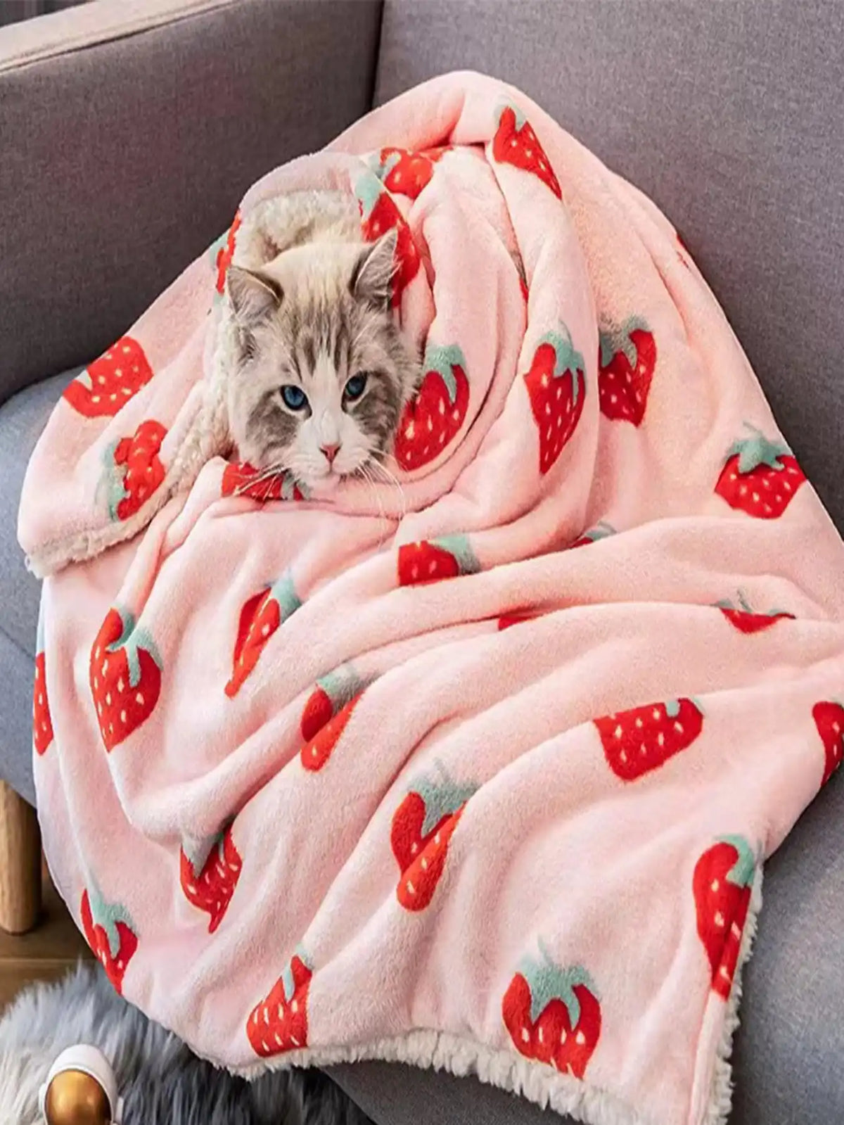 A pink blanket with a strawberry floral pattern is draped over a gray sofa, featuring a cat resting on the fabric.