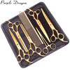A black case containing a professional stainless steel pet grooming scissors set including various sized scissors and combs.