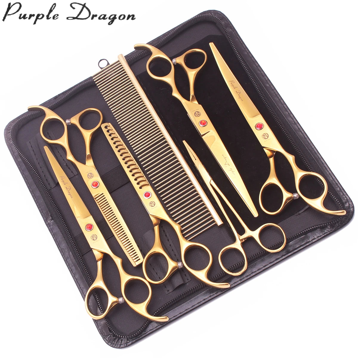 A black case containing a professional stainless steel pet grooming scissors set including various sized scissors and combs.