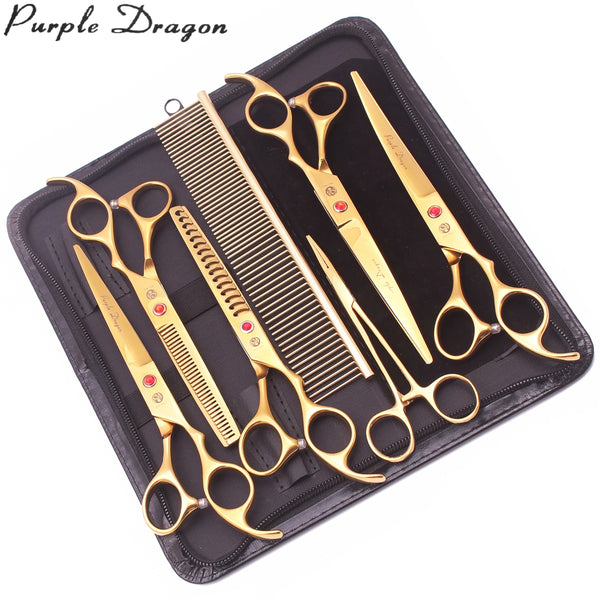 Estuche negro con tijeras y peines profesionales de acero inoxidable para el aseo de mascotas.