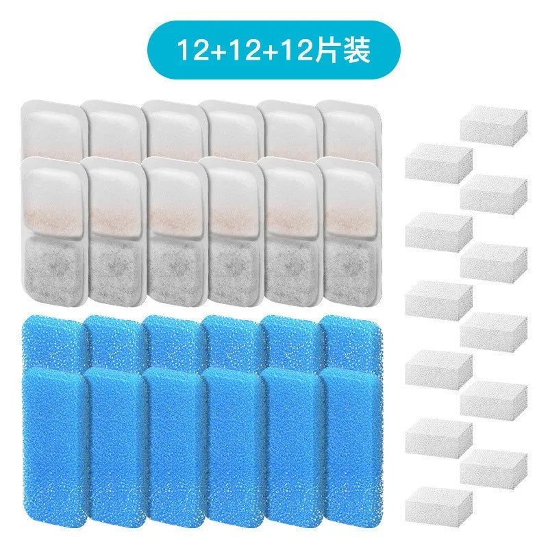 A set of replacement filters and sponges for a cat water fountain, including 12+12+12 pieces of filters and blue sponges.