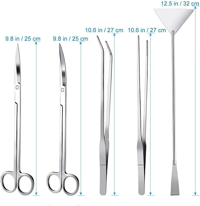 Set of stainless steel aquarium cleaning tools with various sizes and angles for cleaning fish tanks