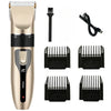 A cordless rechargeable pet grooming clipper in gold and black with various attachments shown.