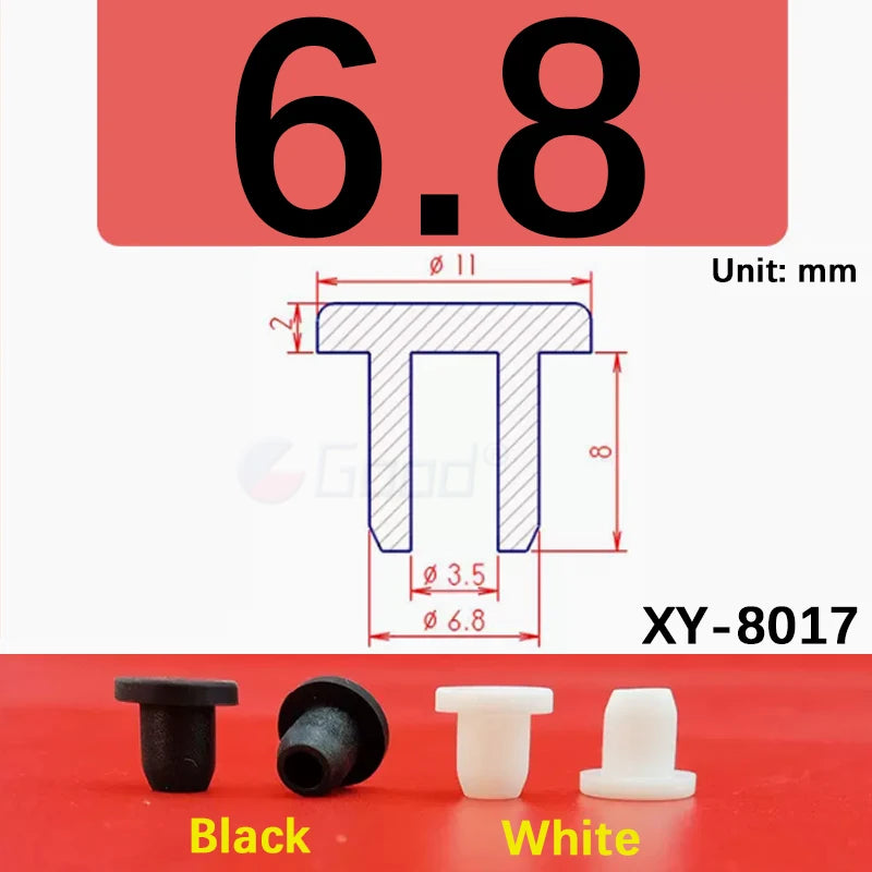 Black and white silicone rubber hole plugs shown next to a measurement diagram for XY-8017