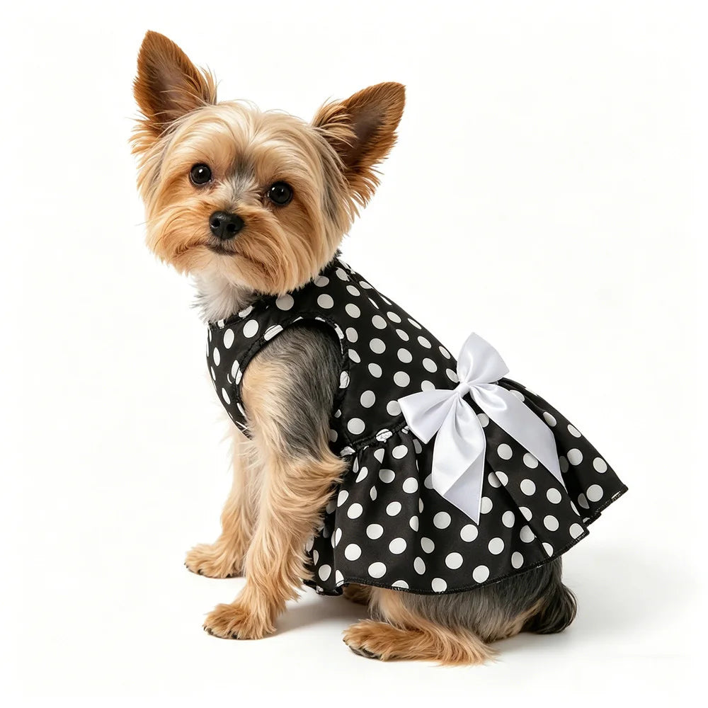 A small, light brown dog wearing a black polka dot dress with a white bow.