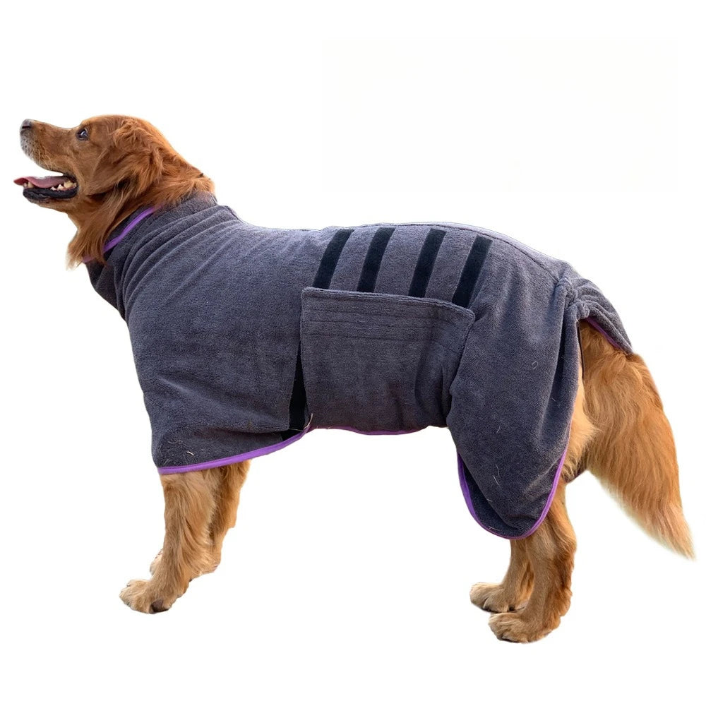 A brown dog wearing a gray quick-dry microfiber robe with purple trim.
