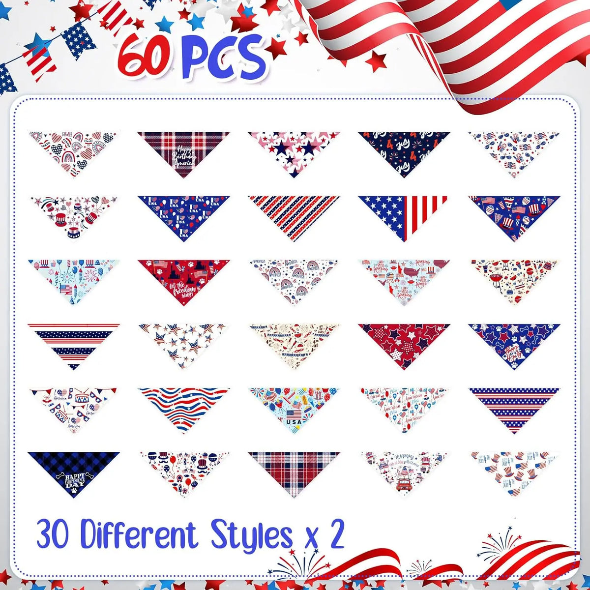 A collection of 30 different styles of patriotic dog and cat bandanas in various patterns.