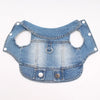 A light blue denim dog jacket with a D-ring leash attachment.