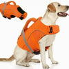 Orange adjustable dog life jacket for swimming safety shown on a light-colored dog.