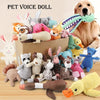 A collection of soft plush dog toys and squeaky chew toys in various colors and textures.