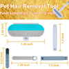 A set of pet hair removal tools including a flat brush, a strip, and a handle, shown against a yellow background.