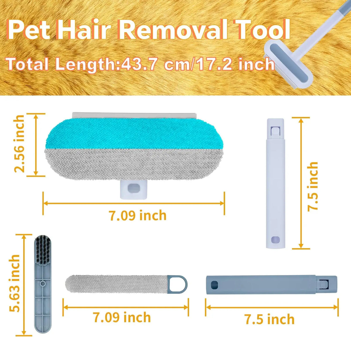 A set of pet hair removal tools including a flat brush, a strip, and a handle, shown against a yellow background.