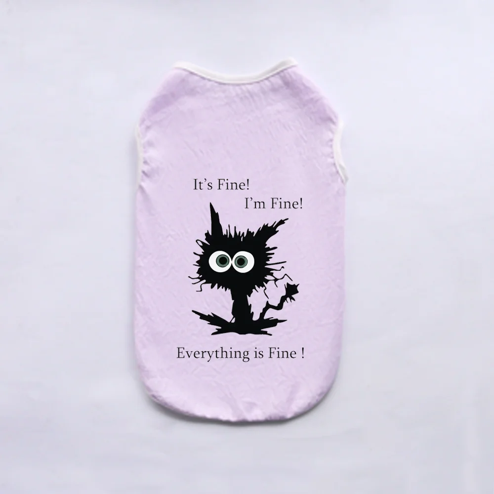 A light purple breathable summer pet vest with a black graphic that says It's Fine! I'm Fine! Everything is Fine!