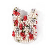 A reusable foldable bubble shopping bag decorated with red and purple floral fabric.