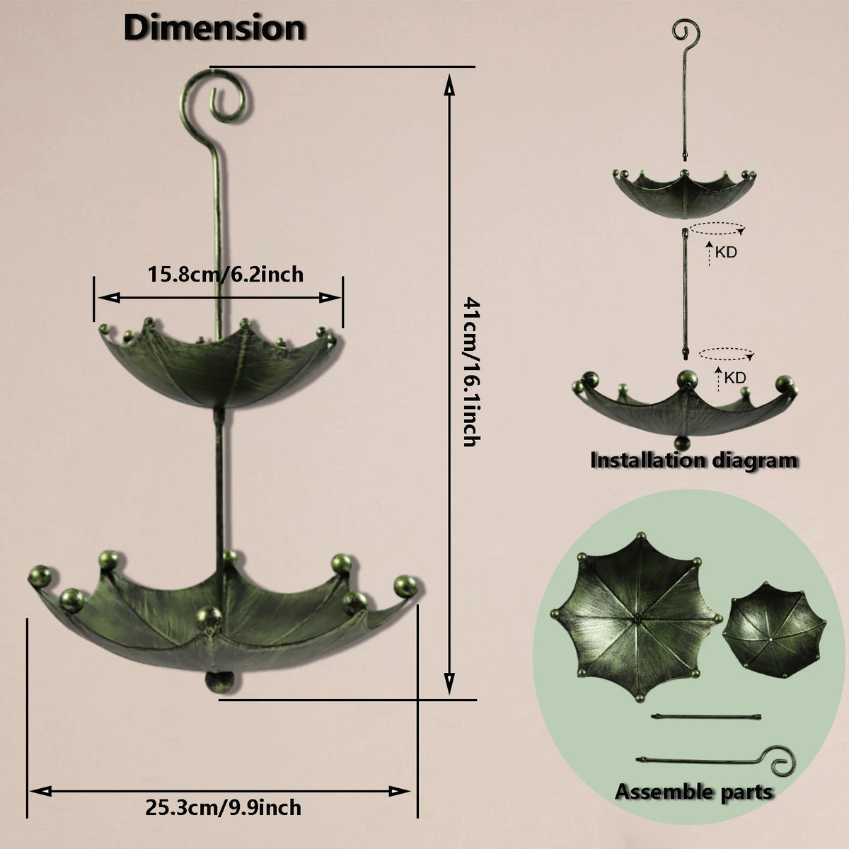 Diagram showing the dimensions and installation of an antique umbrella bird feeder with a bath bowl.