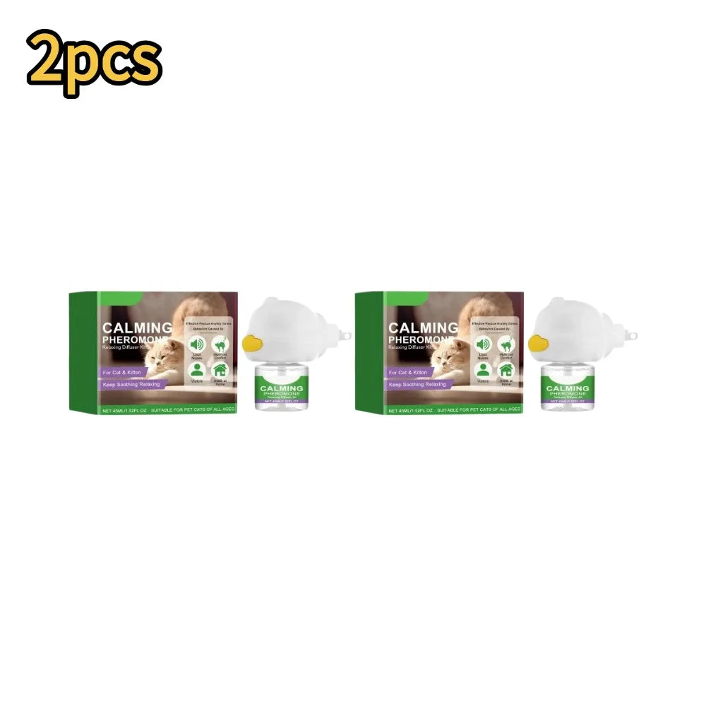 Two white cat calming diffusers with accompanying liquid and packaging for anxiety relief