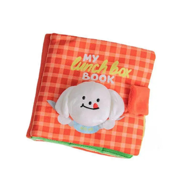 An orange checkered fabric pouch with yellow text that is a toy for small dogs.