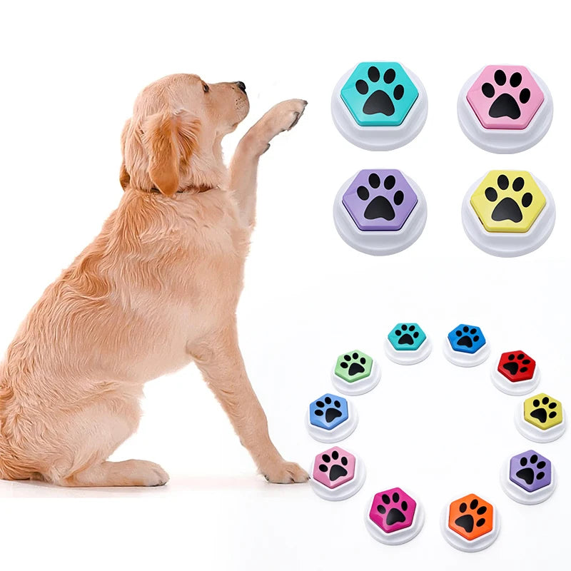 A golden retriever dog is shown next to various colorful paw print buttons for dog training.