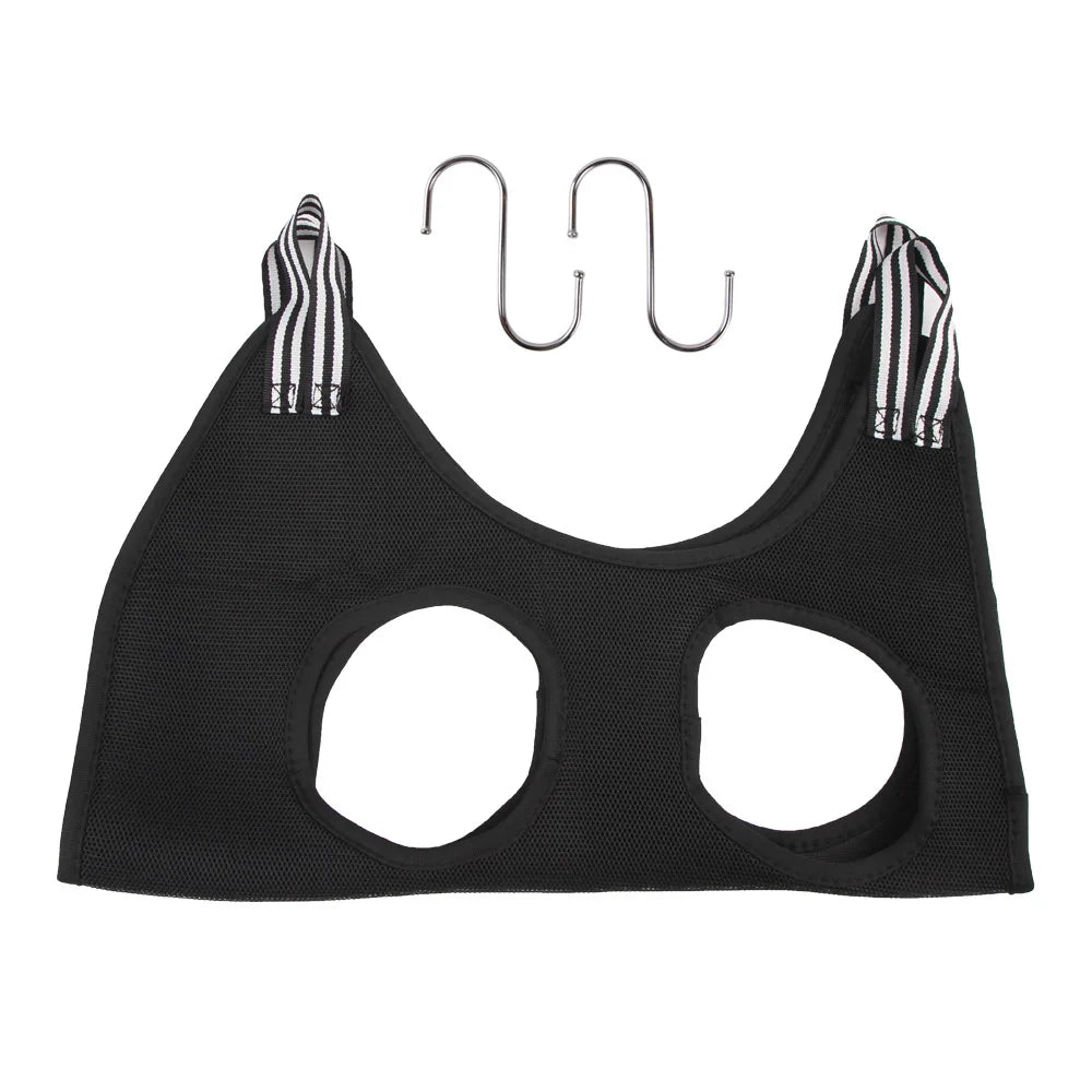 Black pet nail trimming restraint hammock for cats with attached striped fabric