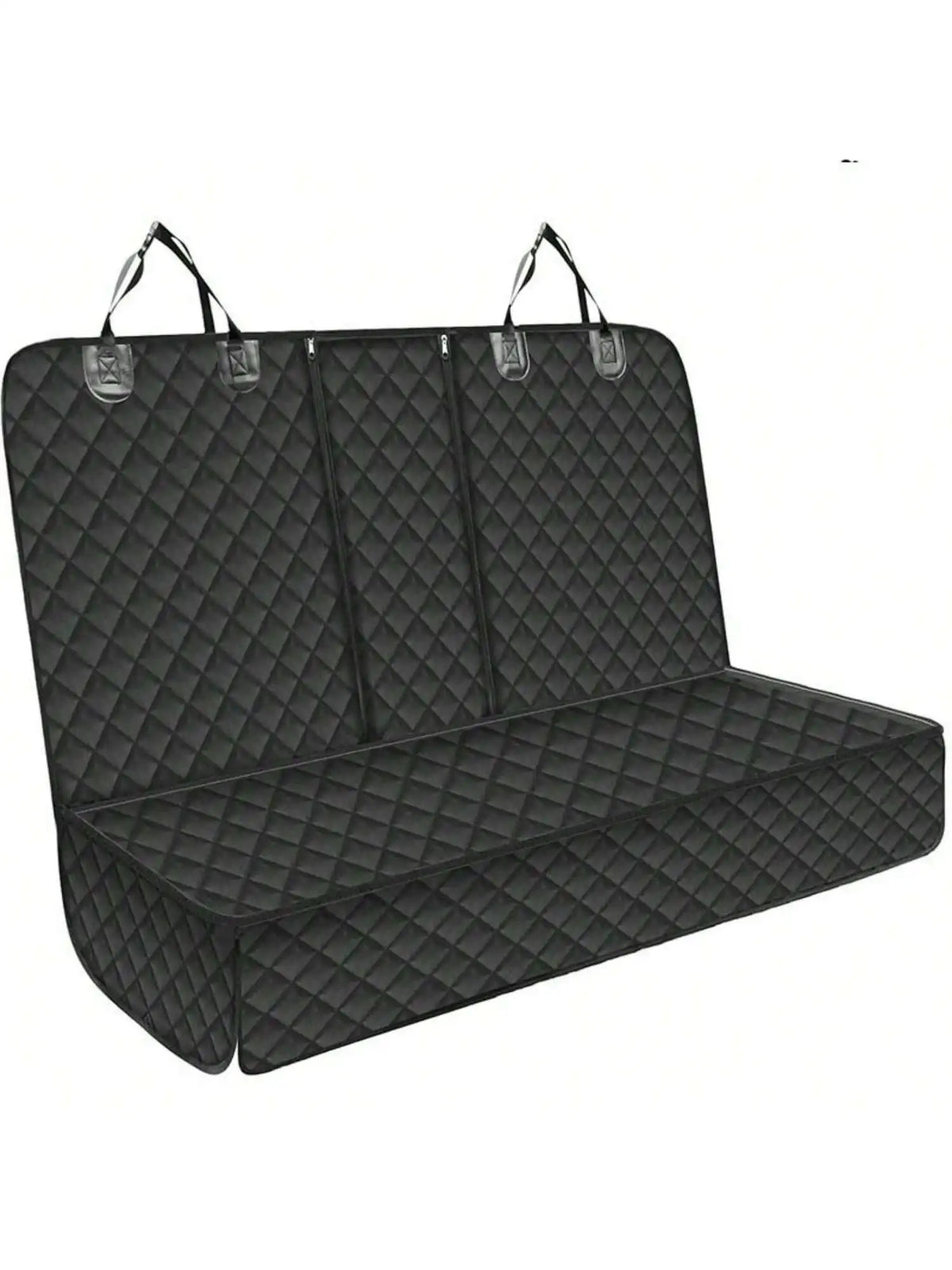 Black quilted waterproof dog car seat cover with center armrest access.