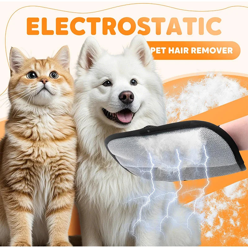 Ein weißer Hund und eine orange Katze benutzen ein elektrostatisches Tierhaarentfernungs-Mitt.