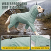 A light green waterproof and dirt-resistant raincoat for a dog walking outdoors in a snowy or wet environment.