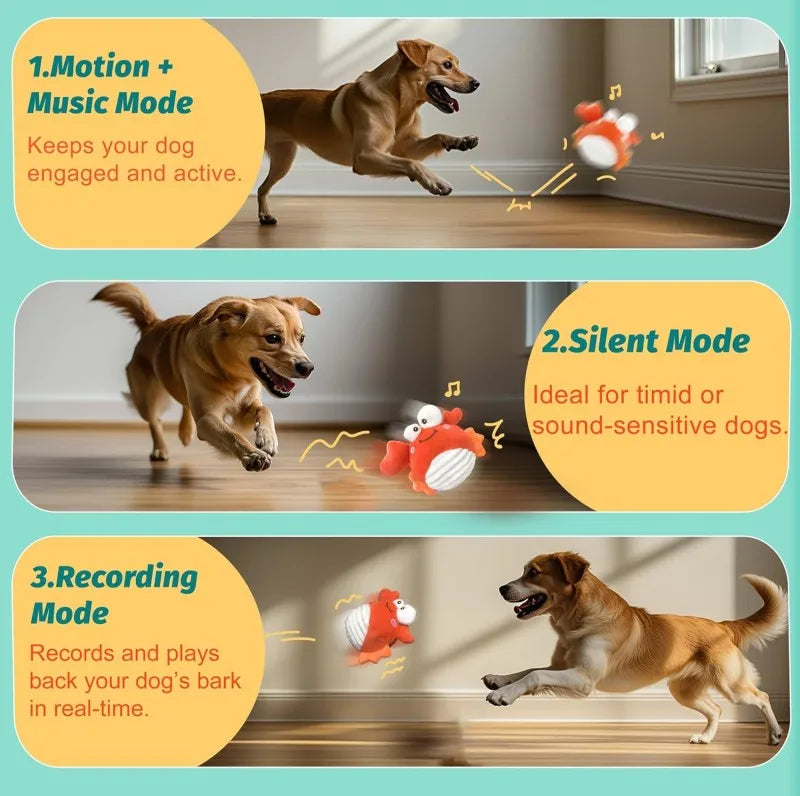 Three modes of an interactive crab plush dog toy for dogs: Motion, Silent, and Recording.