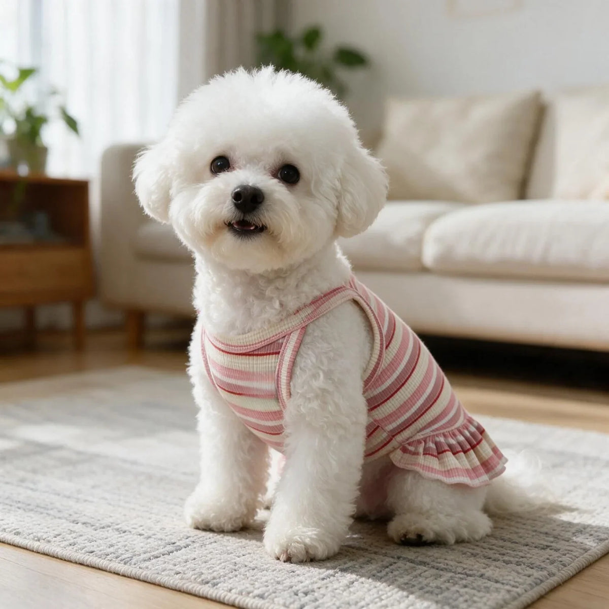 A fluffy white dog wearing a pink and white striped dress sitting on a light rug.