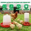 A set of automatic chicken waterer and feeder, including a large plastic waterer and a feeder bowl, with several chickens nea
